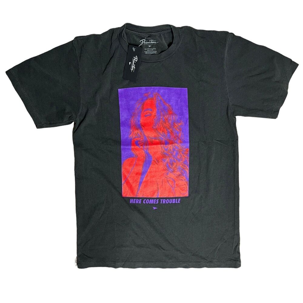Primitive T Shirt Adult S Grey Here Comes Trouble Sexy Woman Novelty Graphic Red